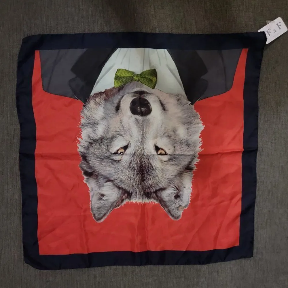 F & F Red 100% Silk Scarf with Handsome Grey Wolf in Tuxedo Design